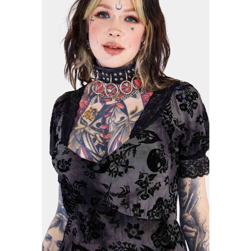 Jawbreaker - Flocked Skull Lace Trim Midi Lange jurk - Grijs